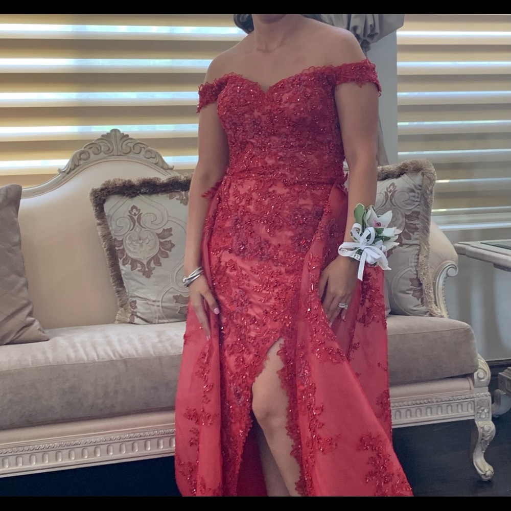 Red Slit Dress with Detachable Skit